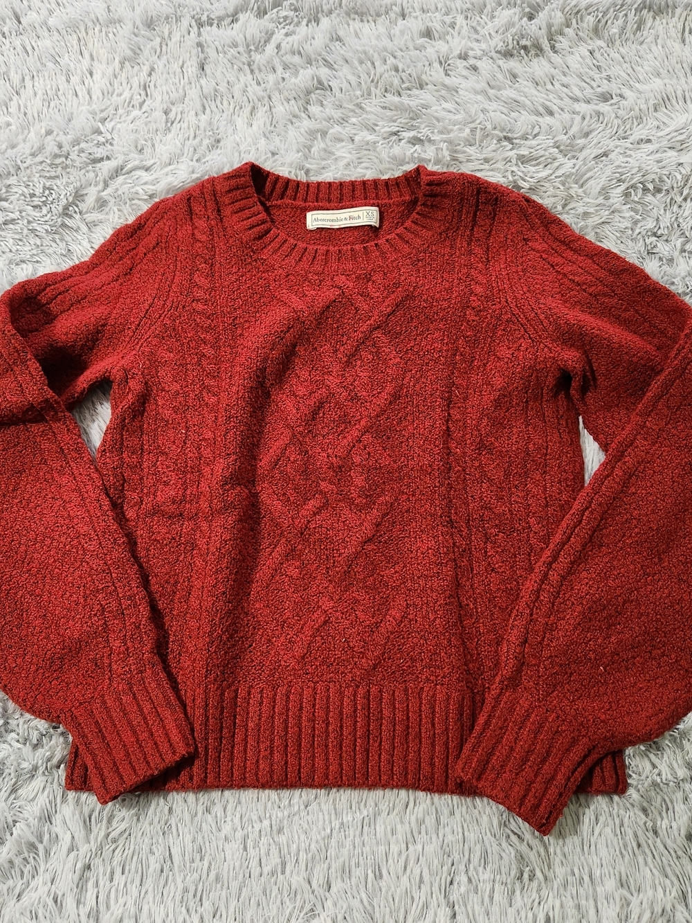 Abercrombie & Fitch Red Cable Knit Crewneck Bubble Sleeve Sweater